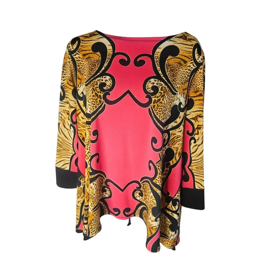 Eva Varro Trapeze Tunic Pink Black Animal Print Stretchy 3/4 Sleeves Sz M - Picture 4 of 6